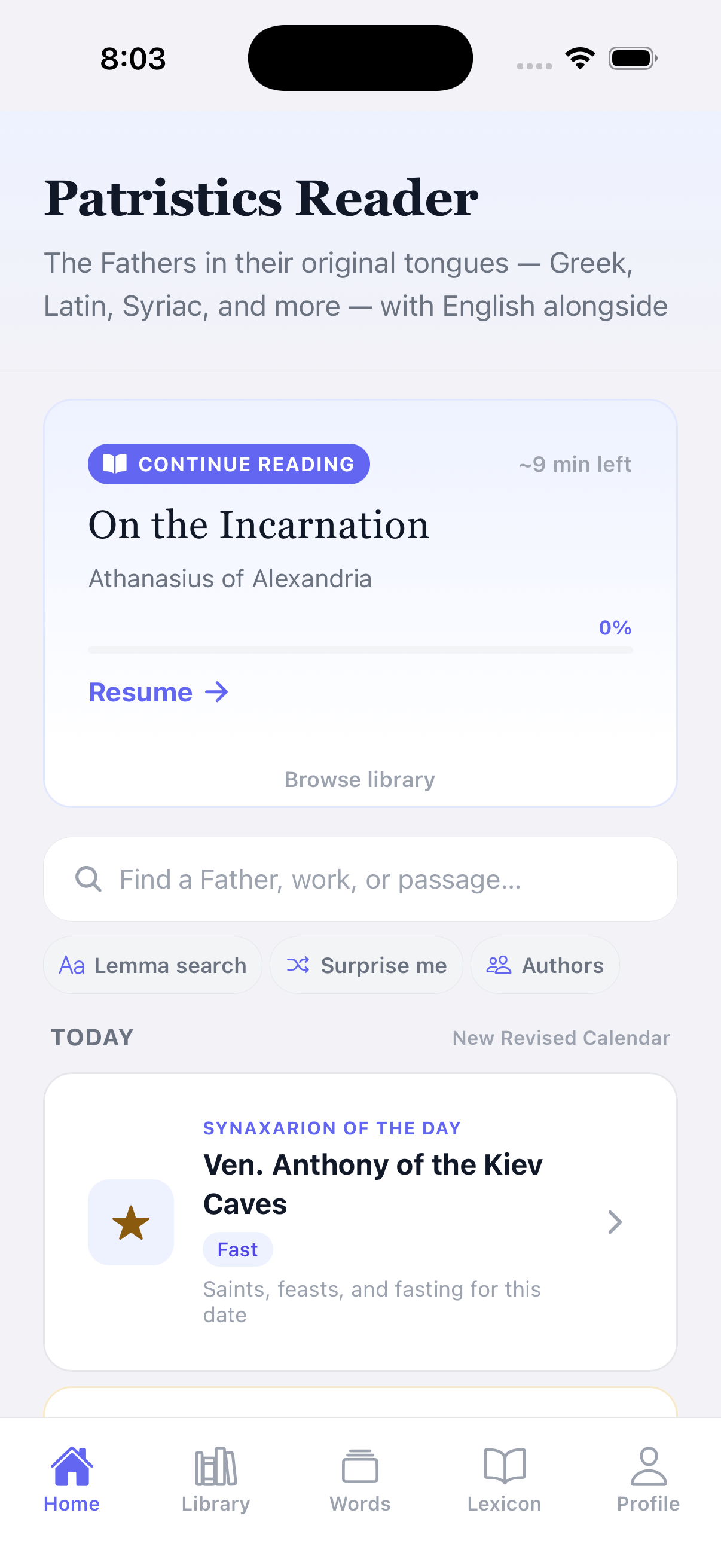 Patristics Reader home — today's feast and reading stats