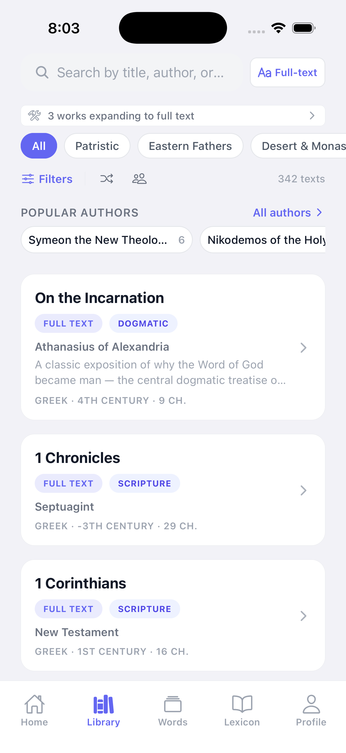 Patristics Reader library — 344 patristic and scriptural works