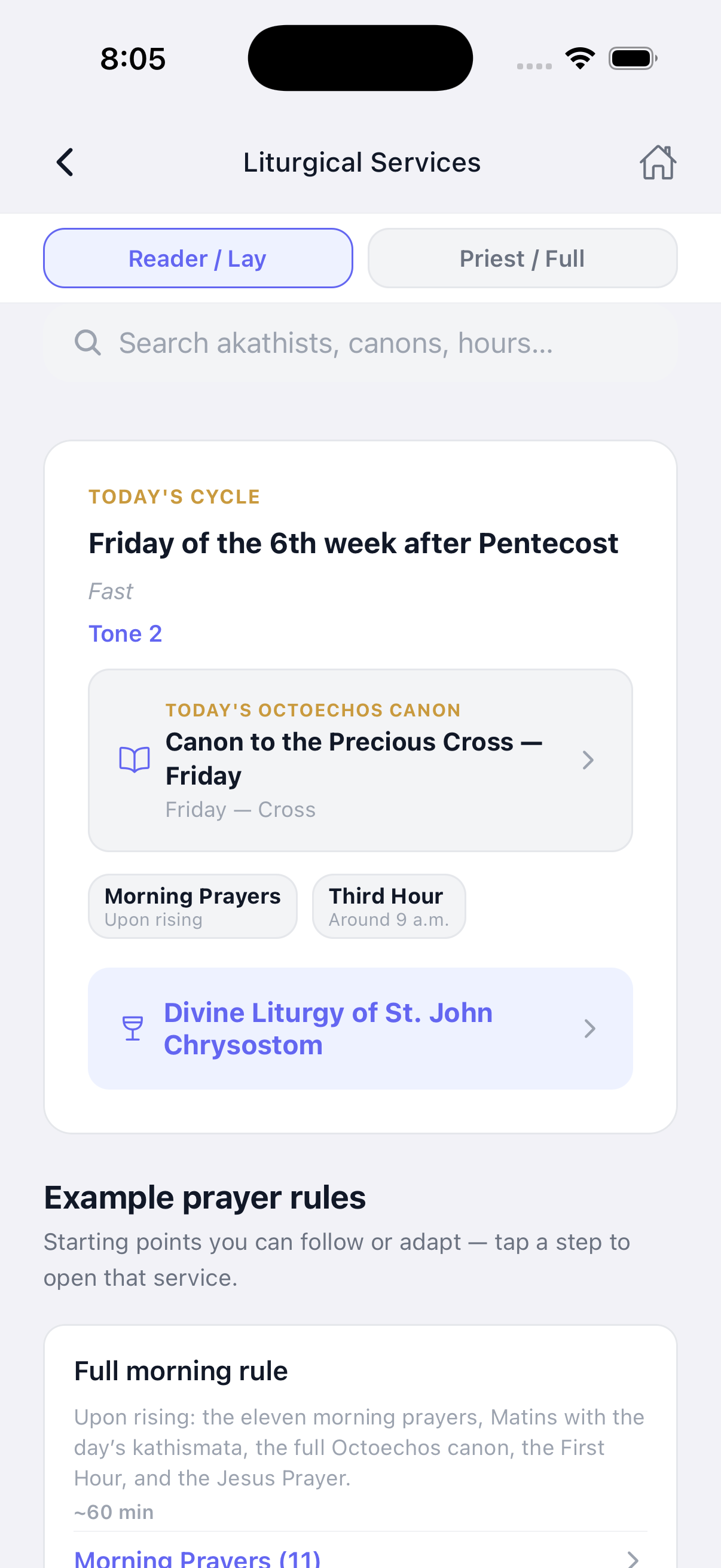 Liturgical services — Horologion and daily hours